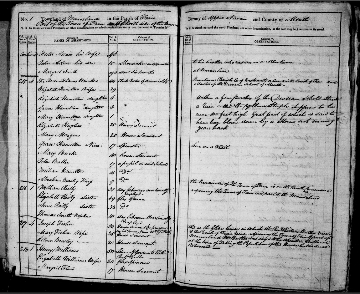 Irish census 1821, Trim, Manorland, Hamilton, original form