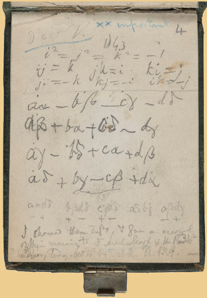 Pocket-book page with the first quaternion equations
